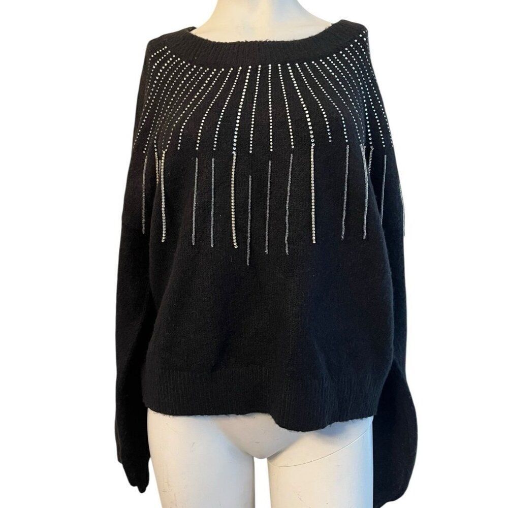 AQUA Ladies Medium Rhinestone Fringe Black Knit Sweater Pullover NWT FLAW
